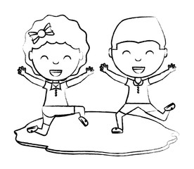 cartoon happy kids playing in the grass over white background, vector illustration