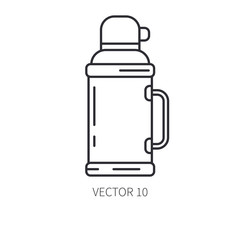 Retro aluminum flask, compact picnic coffee thermos vector line icon. Summer travel vacation, tourism, camping equipment. Backyard classic lunch. Outdoor family picnic sign and symbol. Hiking. Cap.