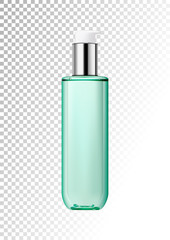 Realistic transparent plastic bottle with two-phase cosmetic product with pump dispenser.Package for tonic, lotion. Isolated object on a transparent background.Vector illustration.