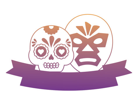 decorative ribbon with sugar skull and wrestler mask over white background, vector illustration