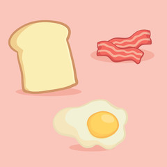 Breakfast Food Set Vector Illustration Cartoon. Bacon, Sunny Side Up Fried Egg, Loaf Bread.