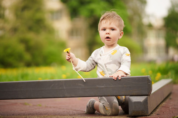 Concept: family values. Portrait of adorable innocent funny brown-eyed baby playing at outdoor playground.