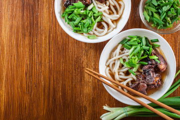 Japanese Udon noodles with beef, green onion and soup