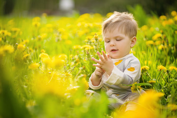 Concept: family values. Portrait of adorable innocent funny brown-eyed baby playing outdoor in the sunny dandelions field.