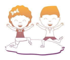 cartoon happy kids playing in the grass over white background, colorful design. vector illustration
