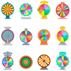 Fortune wheel vector spin game icons casino roulette with arrow lucky winner or bankrupt in fortunate wheeled lottery bet set illustration isolated on white background