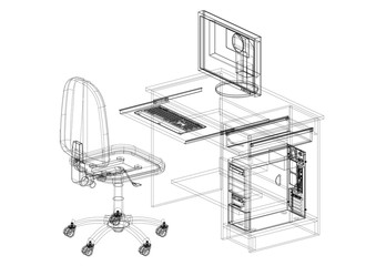 Office Desk with Computer Architect blueprint - isolated