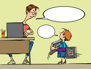 Young miner. Man and a boy. Dad and son mining bitcoit