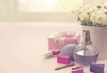 Banner composition of a Set of Women's accessories, cosmetic items gift cocktail.
