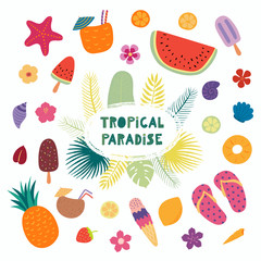 Hand drawn lettering quote Tropical Paradise with summer objects. Isolated objects on white background. Vector illustration. Scandinavian style flat design. Concept for children print.