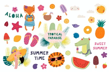 Peel and stick wall murals Illustrations Big set of cute funny animals and summer design elements and quotes. Isolated objects on white background. Vector illustration. Scandinavian style flat design. Concept for children print.