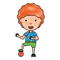 cartoon boy playing with a ball over white background, colorful design. vector illustration