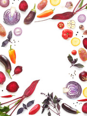 Various vegetables (beets, red cabbage, pepper, garlic, basil) isolated on white background, top view, flat lay. Concept of healthy eating, food background. Frame of vegetables with space for text.