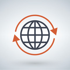 orange arrows around planet earth globe, vector illustration isolated on white background.