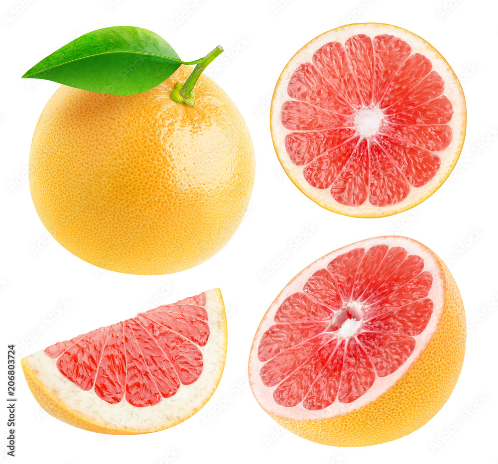 Poster isolated grapefruits. collection of whole and cut fresh grapefruits isolated on white background wit