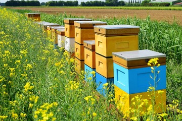 A row of bee hives in a field of flowers