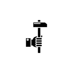 Hammer in hand black icon concept. Hammer in hand flat  vector symbol, sign, illustration.