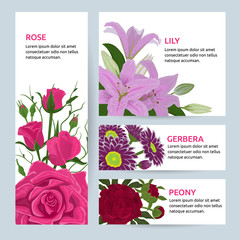 Floral flower card invitation vector set greeting postcard with flowering bouquet of rose lily gerbera peony vintage illustration invite isolated on white background.