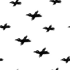 Vector seamless pattern with black sketch crows on white for print, textile, hardcover, bag, mug