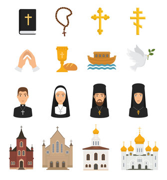 Christian icons vector christianity religion signs and religious symbols church faith christ bible cross hands praying to God illustration isolated on white background