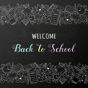School background with hand drawn accessories and text "Welcome back to school". Vector.