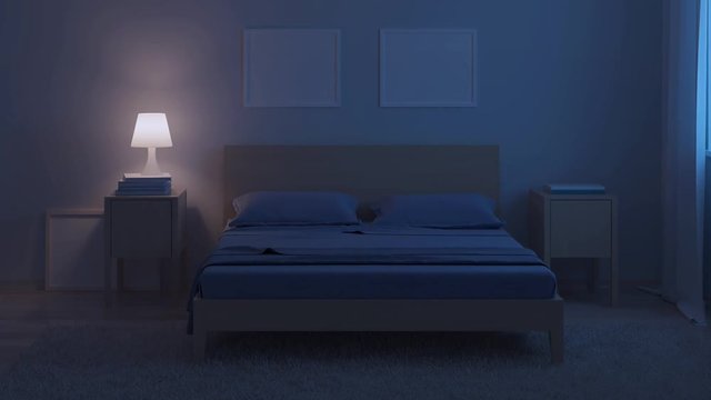 Bedroom interior in cold tones. Night lighting. 3D rendering.