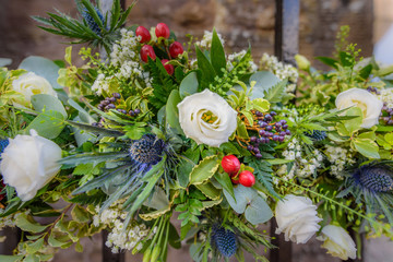 Decorative wedding flowers at a Scottish wedding venue.