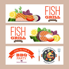 Barbecue party. Grilled fish and vegetables. Vector illustration. Invitation.