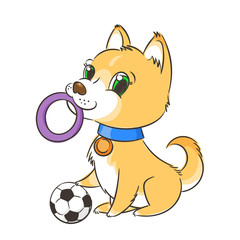 Cute puppy with a soccer ball, card or print concept.