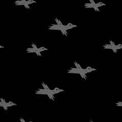 Fototapeta premium Vector seamless pattern with grey sketch crows on black for print, textile, hardcover, bag, mug