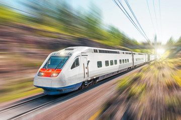 High-speed electric train with motion blur. The railway passes in a rocky canyon in the forest.