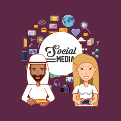 Fototapeta na wymiar cartoon woman and arabic man with social media related icons over purple background, colorful design. vector illustration