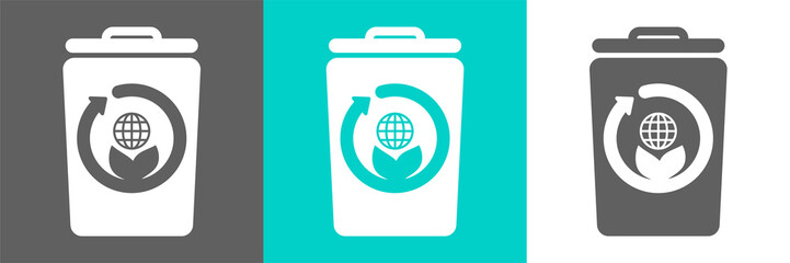Eco style flat logo.Trash bin vector element with globe outline icon.
