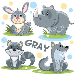 Set of wild animals of gray color for children and design. The image of a character, a hare, a rhinoceros, a striped raccoon and a wolf.