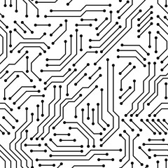 Printed circuit board black and white computer technology seamless pattern, vector