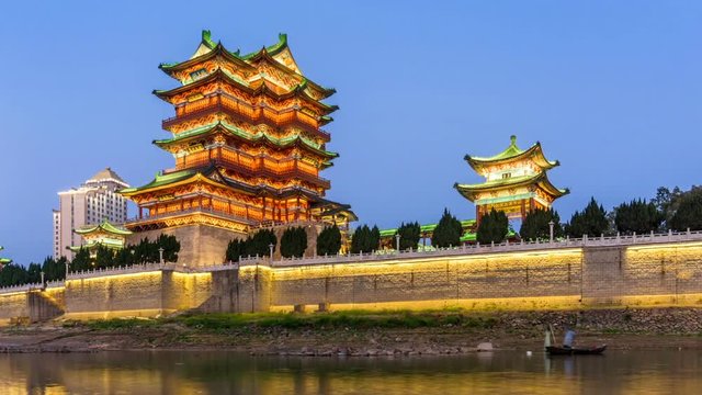 nanchang tengwang pavilion at night ,is one of chinese famous ancient building(Time-lapse photography)