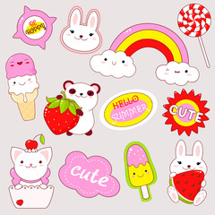 Set of cute stickers in kawaii style