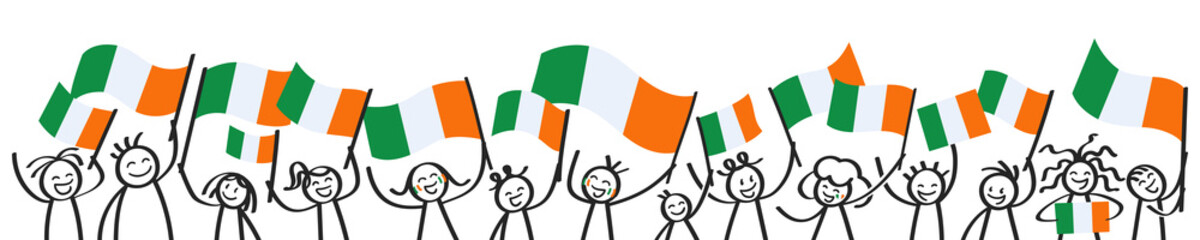 Cheering crowd of happy stick figures with Irish national flags, smiling Ireland supporters, sports fans isolated on white background