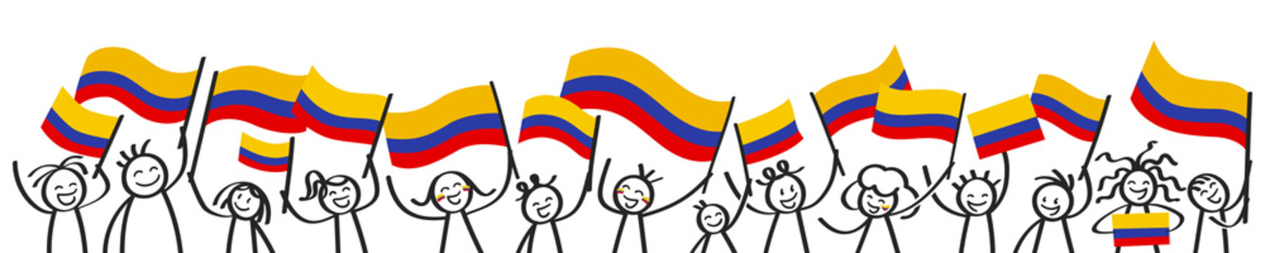 Cheering crowd of happy stick figures with Colombian national flags, smiling Colombia supporters, sports fans isolated on white background