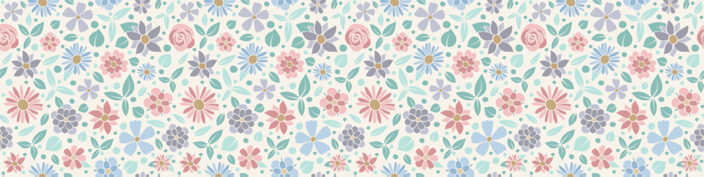 Cute Header With Pastel Coloured Flowers - Seamless Texture. Vector.