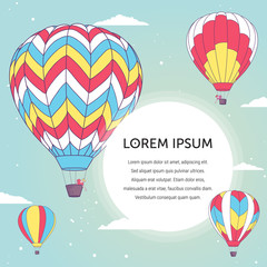 Vector illustration, decorative design template with space for text. Bright retro card with hot air balloons.