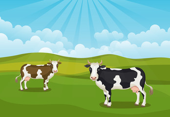 Obraz na płótnie Canvas Vector cartoon landscape with two cows in sunny green meadows with clouds in the blue sky