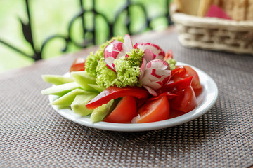 Vegetables on white plate: cucumber, tomato, pepper and radish