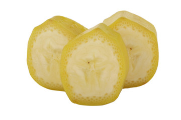 three cuts of yellow bananas isolated