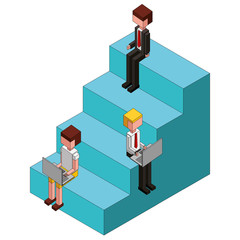 people sitting on stairs using laptops isometric vector illustration