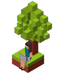 young woman using laptop near a isometric tree vector illustration