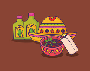 Mexican hat with tequila bottles and mexican bowl  over brown  background, colorful design. vector illustration
