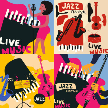 Set of music cards and banners. Music cards with instruments flat vector illustration. Jazz music festival banners. Colorful jazz concert posters