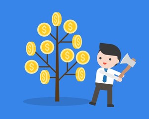 Businessman prepares
 to cut a money tree with axe, stupid and greedy people concept