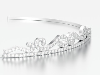 3D illustration white gold or silver simple diamond tiara diadema